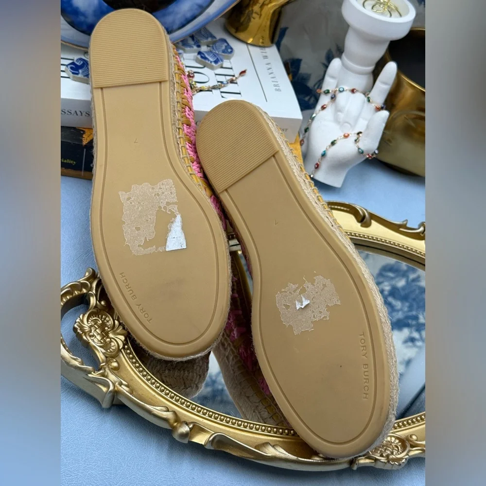 🆕 TORY BURCH 🧿 NWOB Eleanor Crochet Woven Espadrilles, Pink Carnation - Sz 7